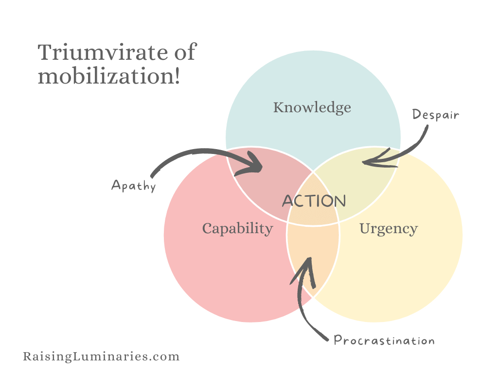 venn diagram of knowledge, urgency, and capability combining to create action