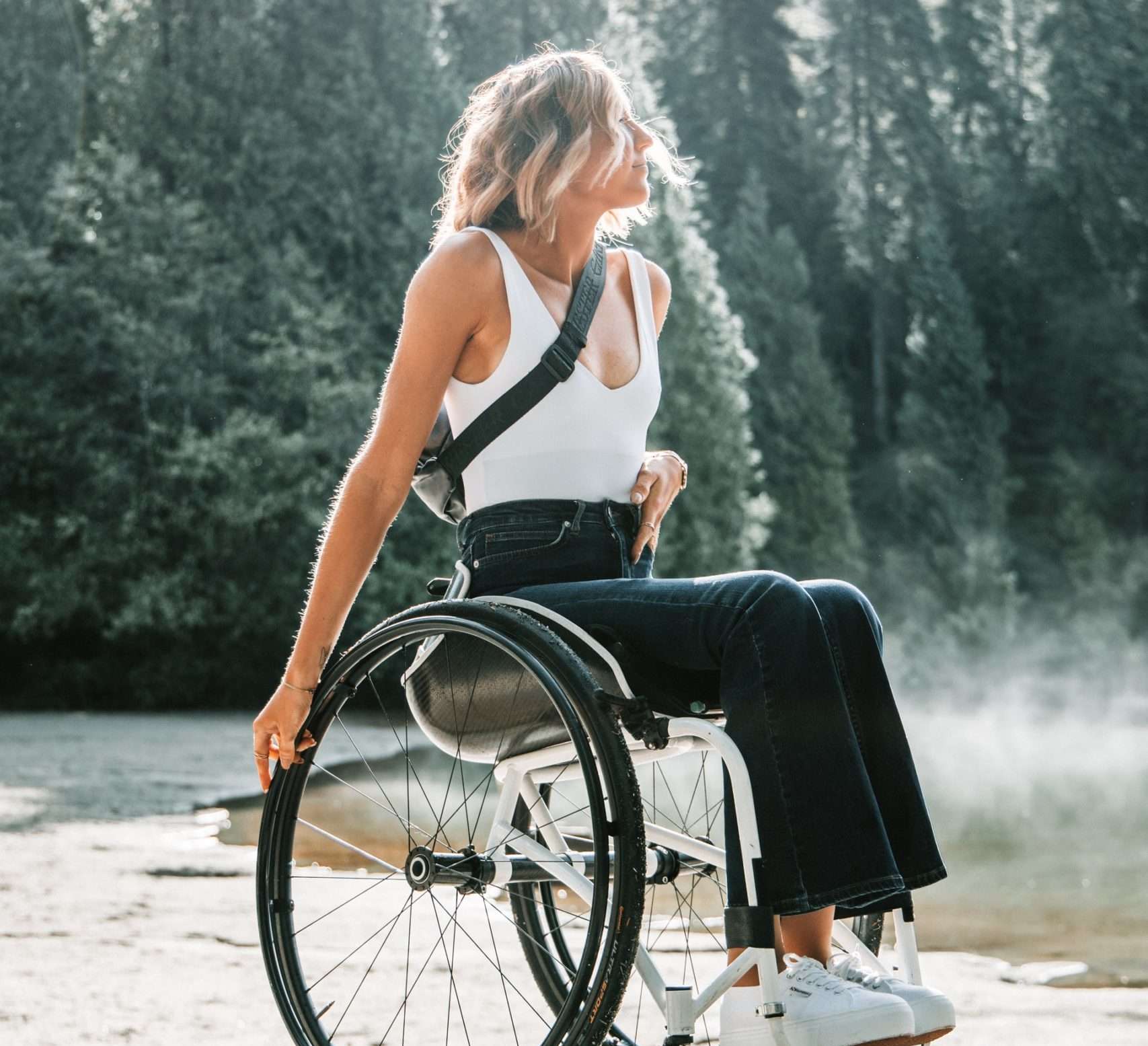 woman on nature hike using wheelchair