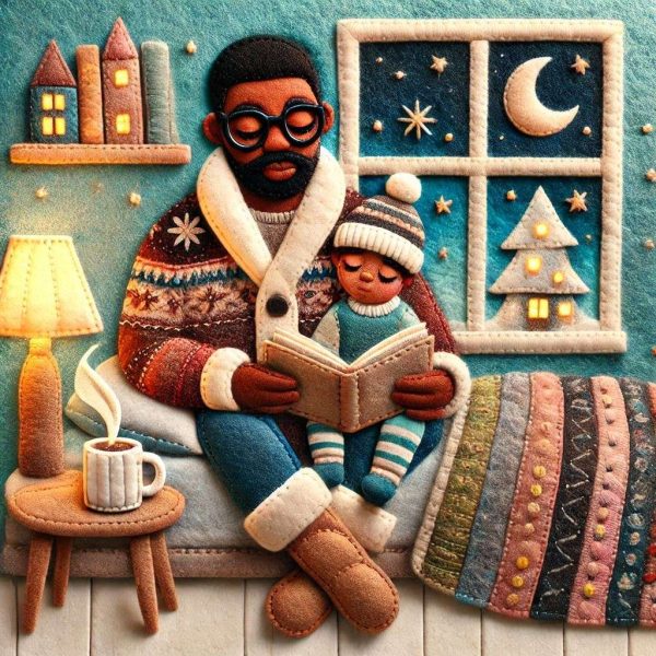 peaceful scene of a dad and child reading a bedtime story
