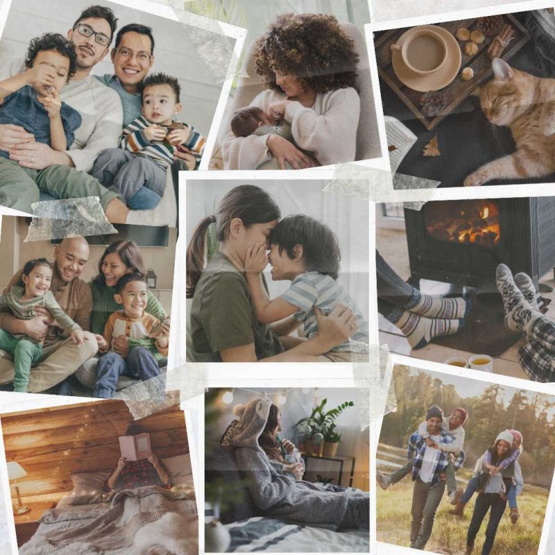 collage of families & cozy winter activities, reading, warm cozy socks, hikes